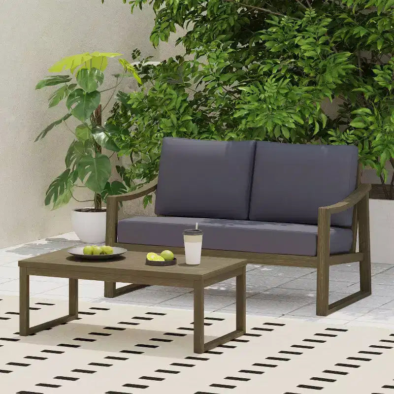 Conjunto de sofá de dos plazas y mesa de centro de madera de acacia para exteriores Christopher Knight Home Samwell, con brazos inclinados