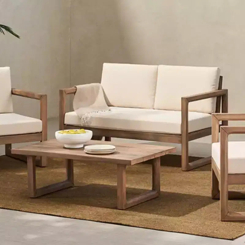 Conjunto de muebles de patio de madera de acacia, conjunto de exterior para conversar con mesa de centro y cojines suaves para jardín, porche y balcón, beige - Merax
