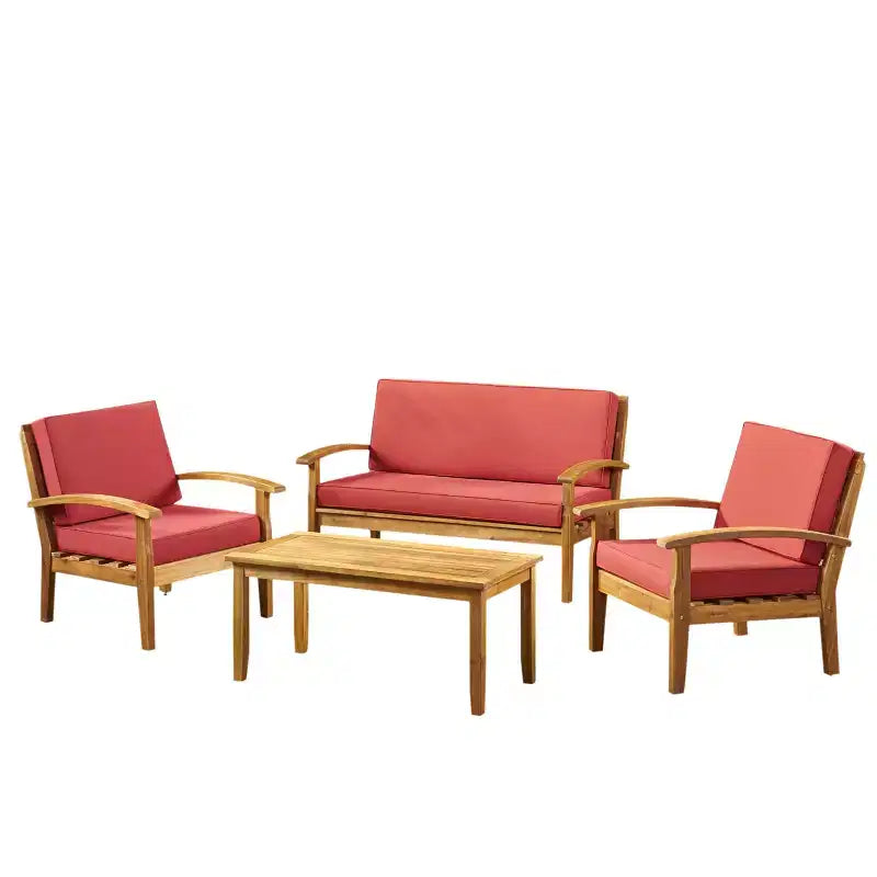 Ensemble de conversation Keanu 4 places d’extérieur en bois d’acacia GDFStudio avec coussins