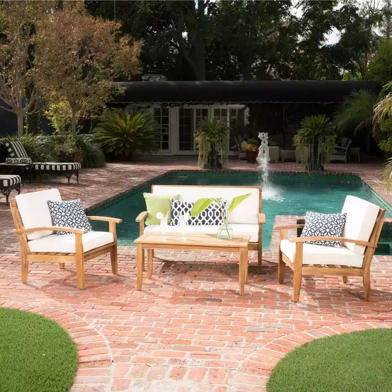 GDFStudio Keanu Outdoor Acacia Wood 4 Seater Chat Set with Cushions