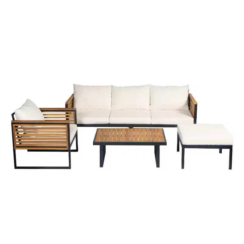 Ensemble de sièges de jardin Christopher Knight Home Faye de 4 pièces en acacia et métal rembourré, avec motif à lattes