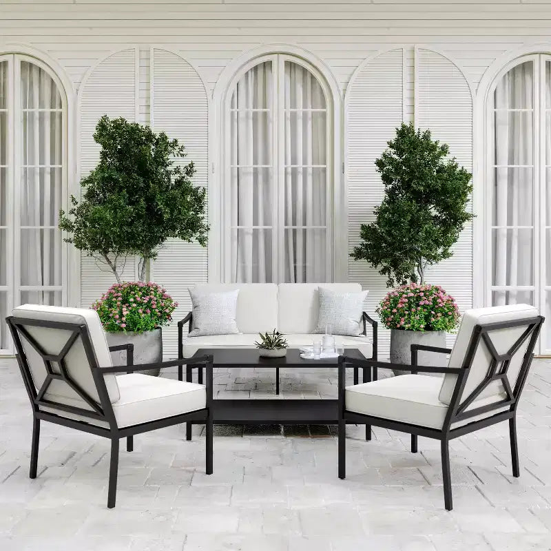 Ensemble de conversation de patio en acier 4 pièces Martha Stewart avec causeuse, 2 fauteuils et table basse, noir