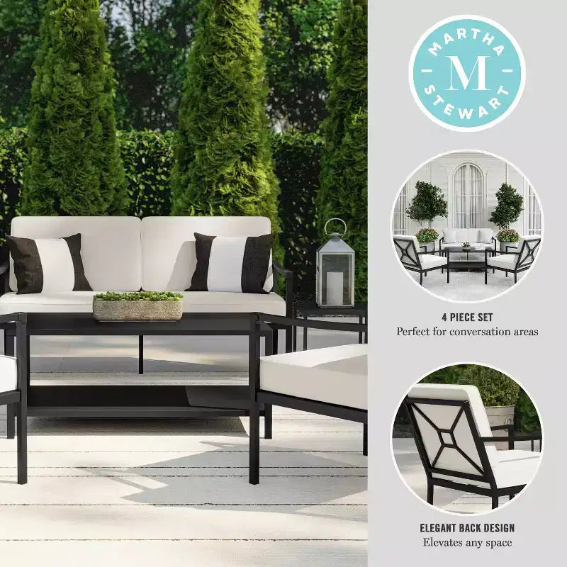 Ensemble de conversation de patio en acier 4 pièces Martha Stewart avec causeuse, 2 fauteuils et table basse, noir