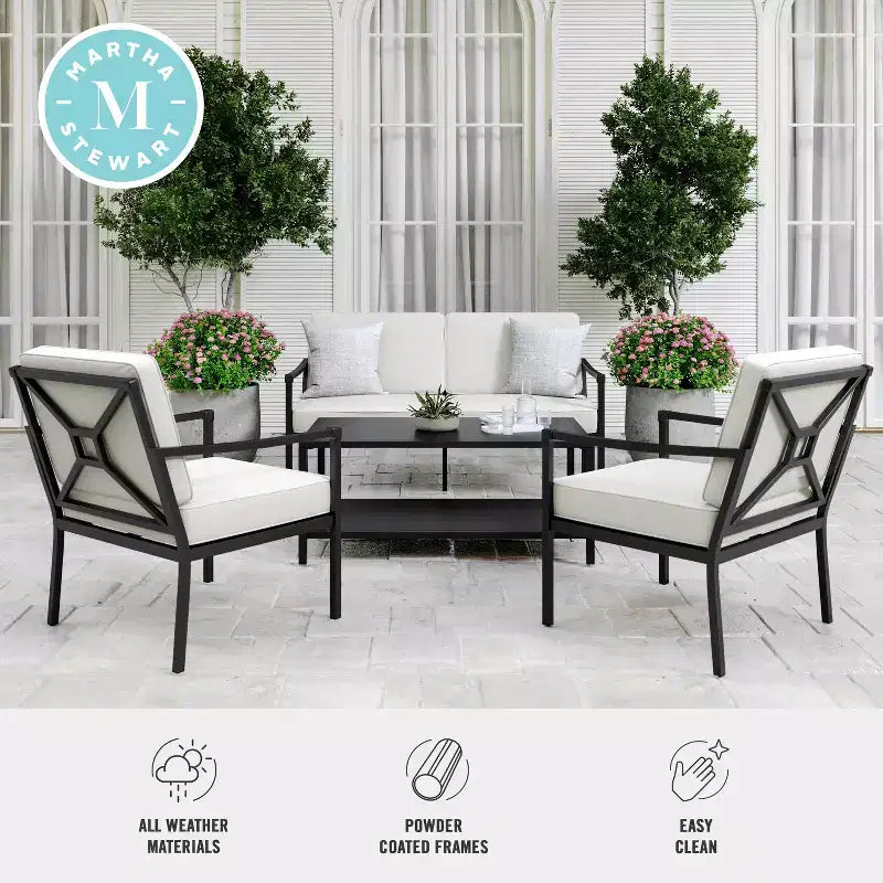 Ensemble de conversation de patio en acier 4 pièces Martha Stewart avec causeuse, 2 fauteuils et table basse, noir