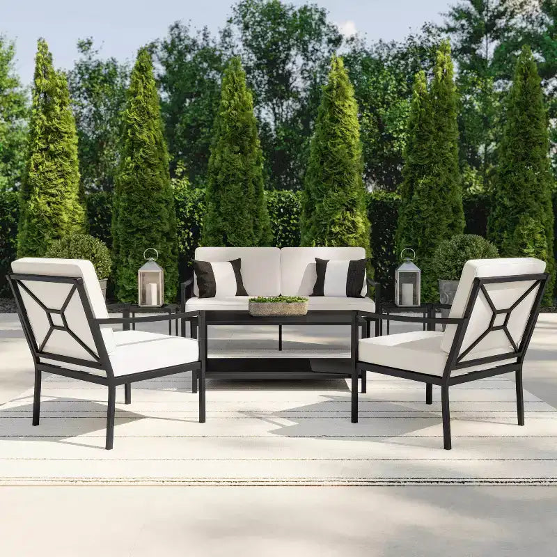 Ensemble de conversation de patio en acier 4 pièces Martha Stewart avec causeuse, 2 fauteuils et table basse, noir