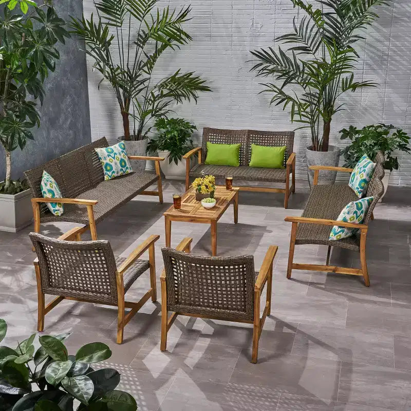 Christopher Knight Home Hampton Outdoor Acacia Wood and Wicker 10 Seater Sofa and Loveseat Chat Set