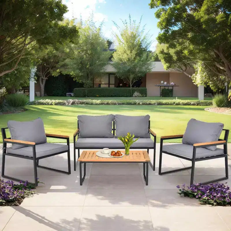 Karl Home conjunto de conversación para patio de 4 piezas con reposabrazos de madera de acacia, superficie de mesa y cojines