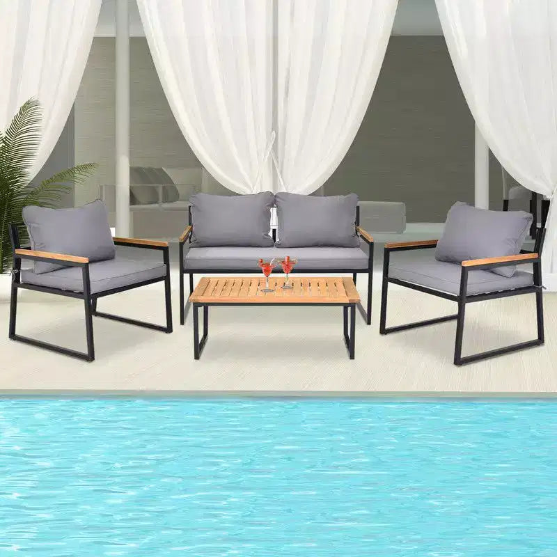 Karl Home conjunto de conversación para patio de 4 piezas con reposabrazos de madera de acacia, superficie de mesa y cojines