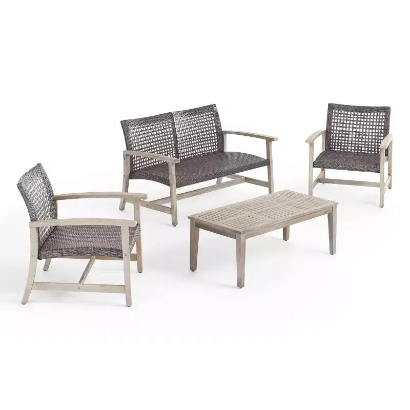 Christopher Knight Home Hampton conjunto de conversación para exteriores de mimbre y madera de acacia con capacidad para 4 personas