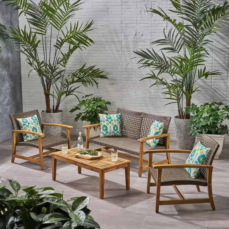 Christopher Knight Home Hampton Garten-Chat-Set für 4 Personen aus Geflecht und Akazienholz