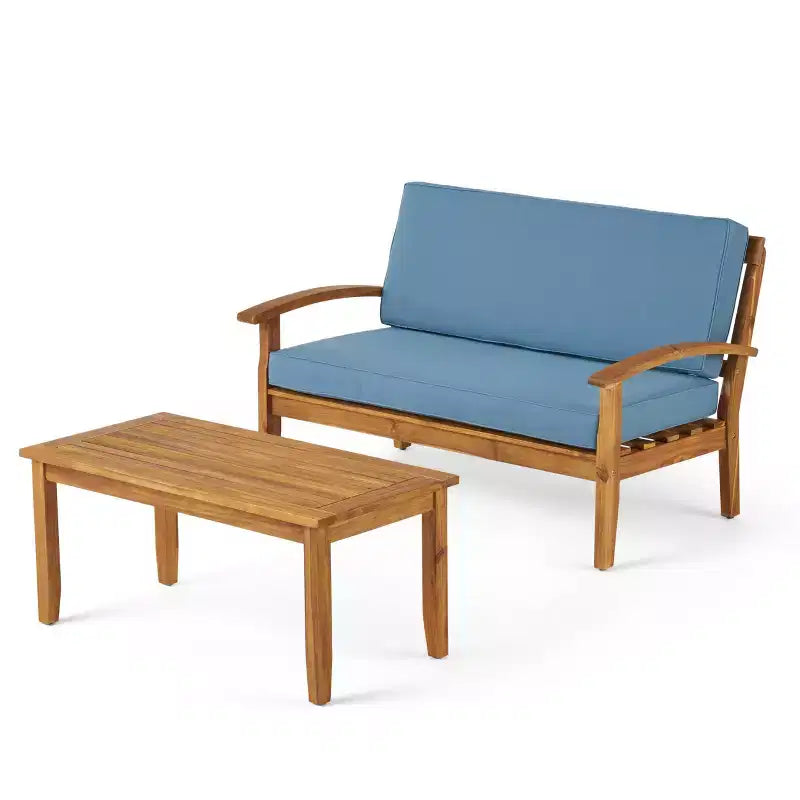 Ensemble GDFStudio Keanu d’extérieur en bois d’acacia avec causeuse et table basse, coussins inclus