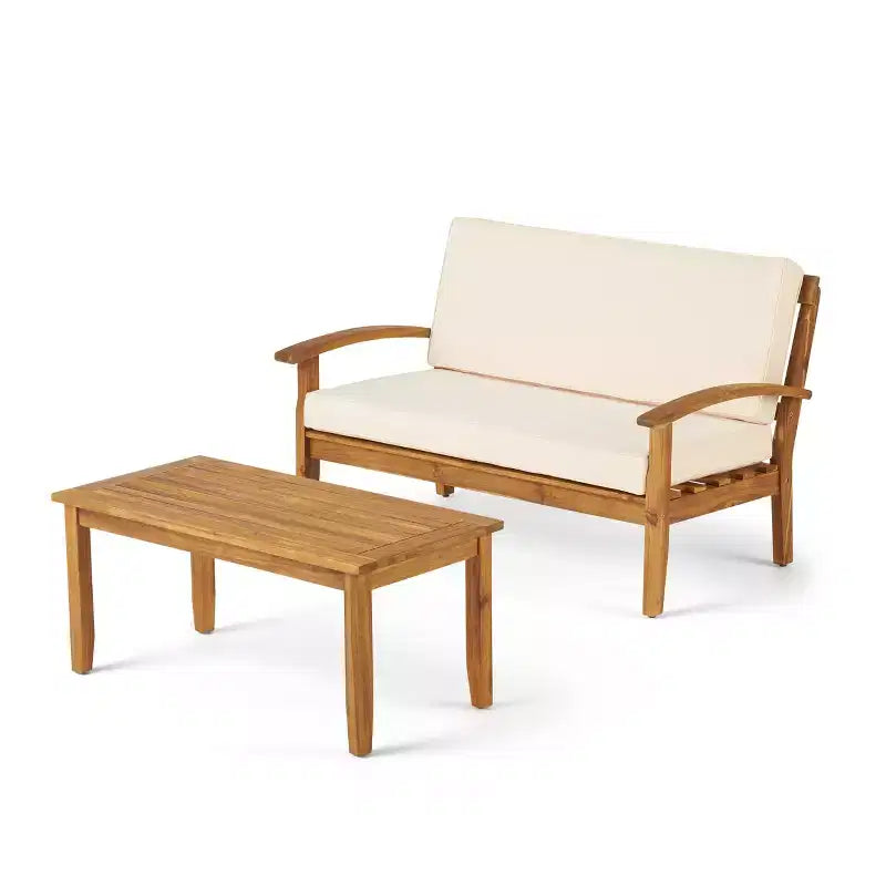 Ensemble GDFStudio Keanu d’extérieur en bois d’acacia avec causeuse et table basse, coussins inclus