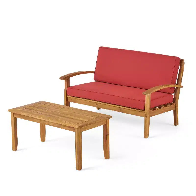 Ensemble GDFStudio Keanu d’extérieur en bois d’acacia avec causeuse et table basse, coussins inclus