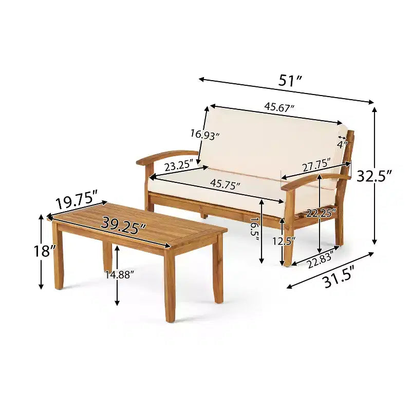 Ensemble GDFStudio Keanu d’extérieur en bois d’acacia avec causeuse et table basse, coussins inclus