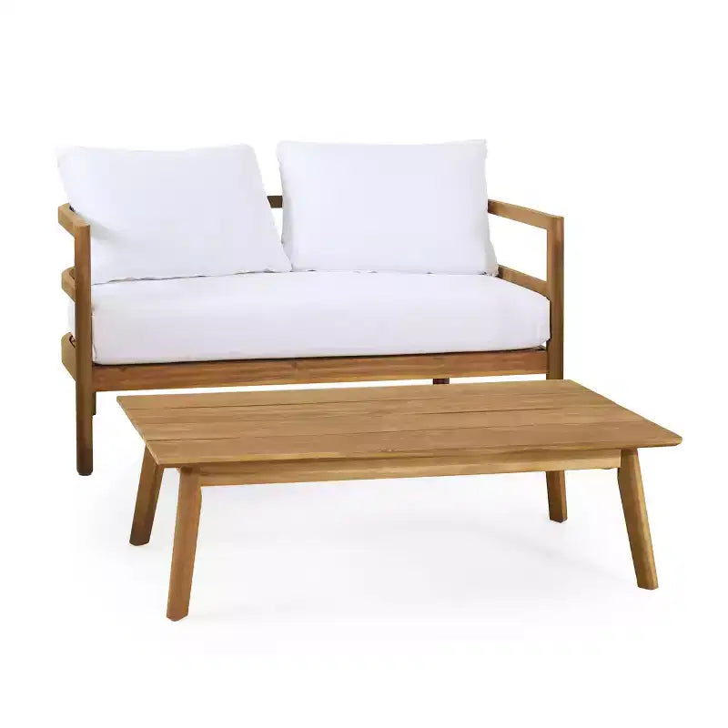 Juego de sofá biplaza y mesa de centro de madera de acacia para exterior GDFStudio Aggie, con cojines, teca/blanco