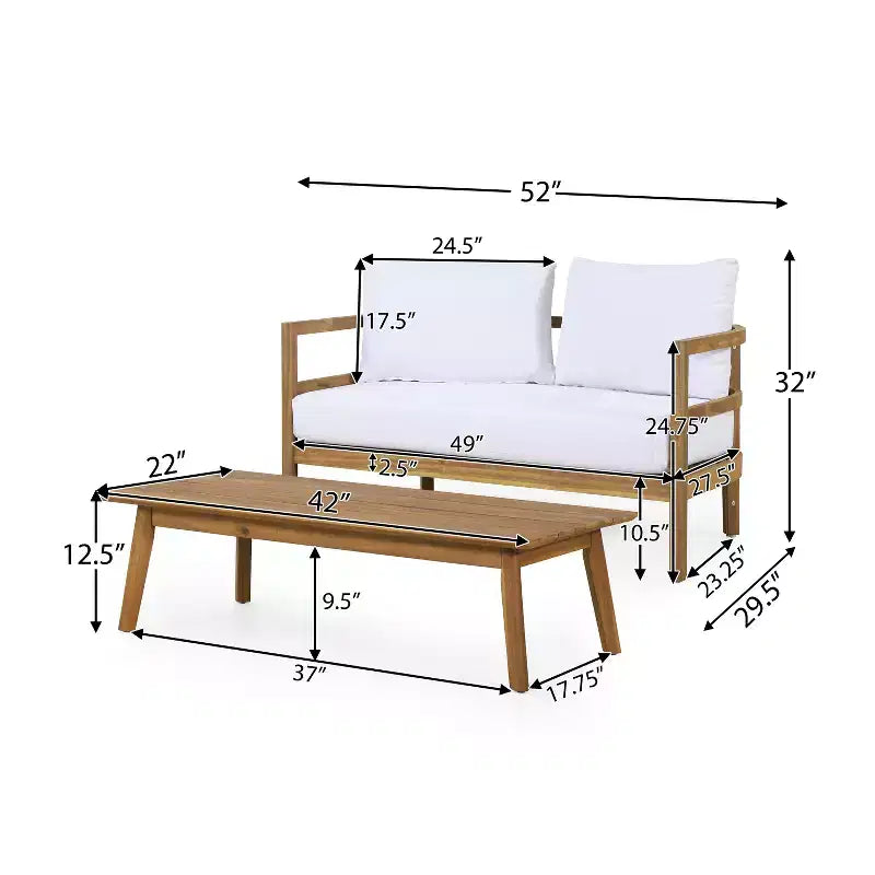 Juego de sofá biplaza y mesa de centro de madera de acacia para exterior GDFStudio Aggie, con cojines, teca/blanco