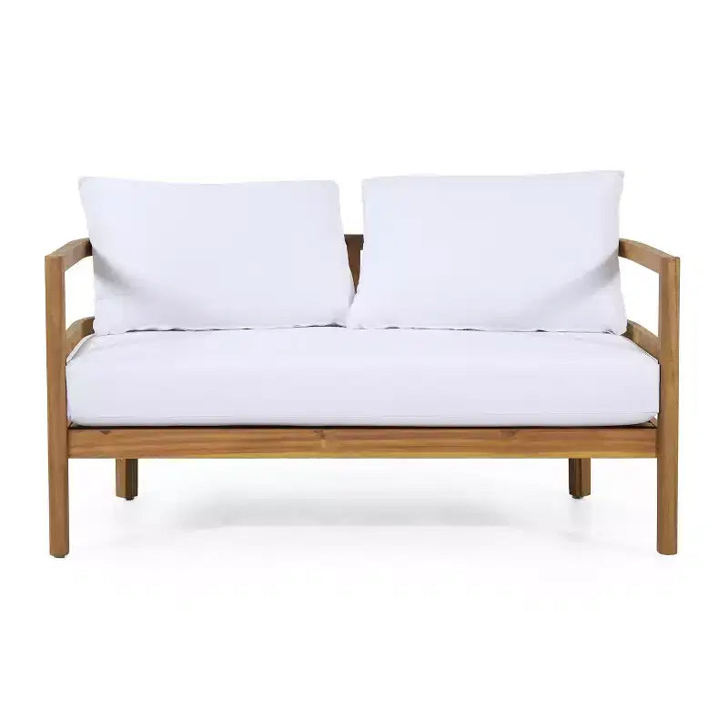 Juego de sofá biplaza y mesa de centro de madera de acacia para exterior GDFStudio Aggie, con cojines, teca/blanco