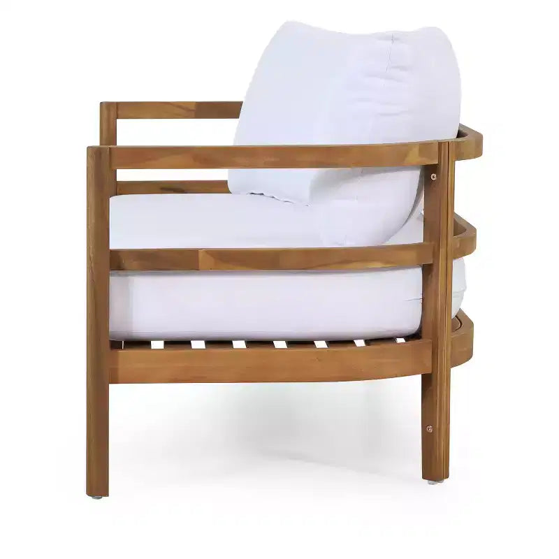Juego de sofá biplaza y mesa de centro de madera de acacia para exterior GDFStudio Aggie, con cojines, teca/blanco