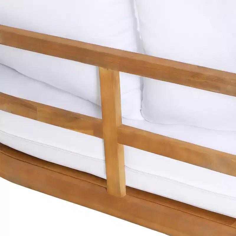 Juego de sofá biplaza y mesa de centro de madera de acacia para exterior GDFStudio Aggie, con cojines, teca/blanco