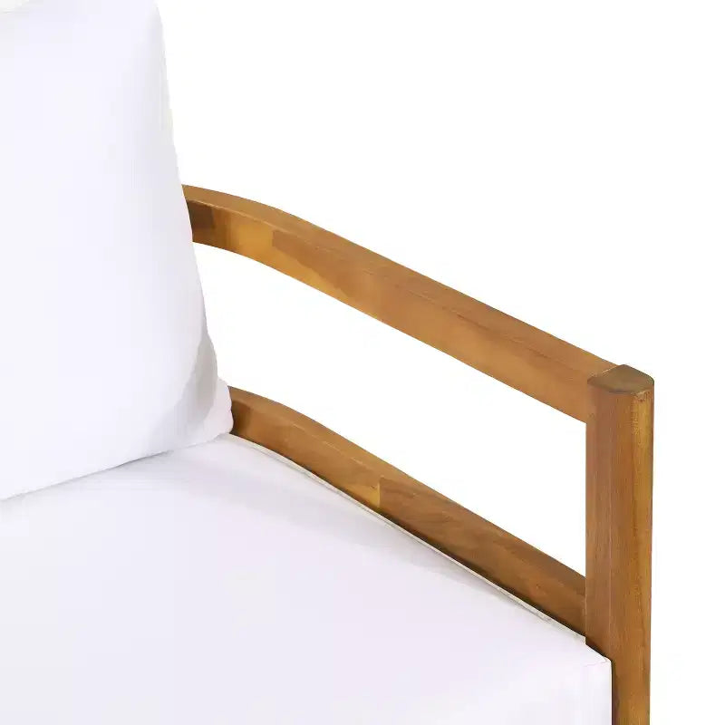 Juego de sofá biplaza y mesa de centro de madera de acacia para exterior GDFStudio Aggie, con cojines, teca/blanco