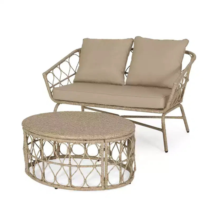 Ensemble de causeuse et table basse d’extérieur en osier Colmar de GDFStudio avec coussins, marron clair/beige