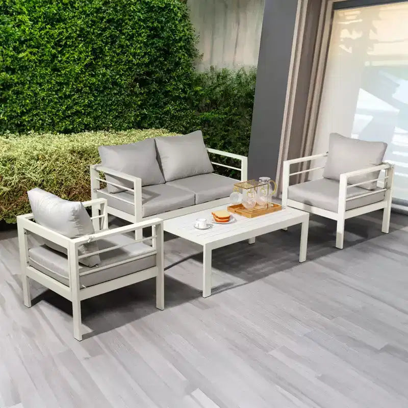 Ensemble de conversation pour patio Karl Home blanc 4 pièces en aluminium avec coussins gris clair