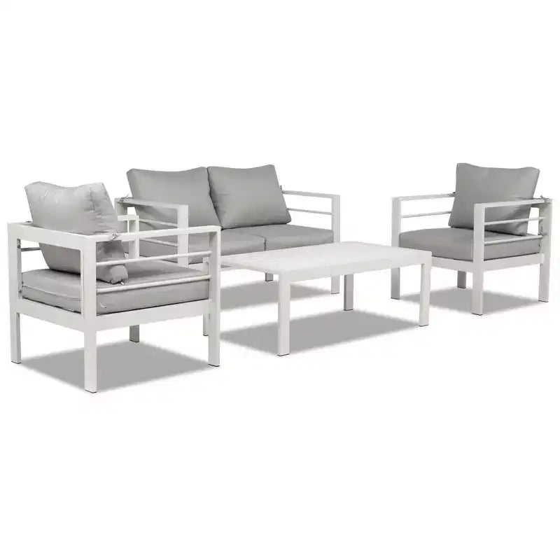 Ensemble de conversation pour patio Karl Home blanc 4 pièces en aluminium avec coussins gris clair