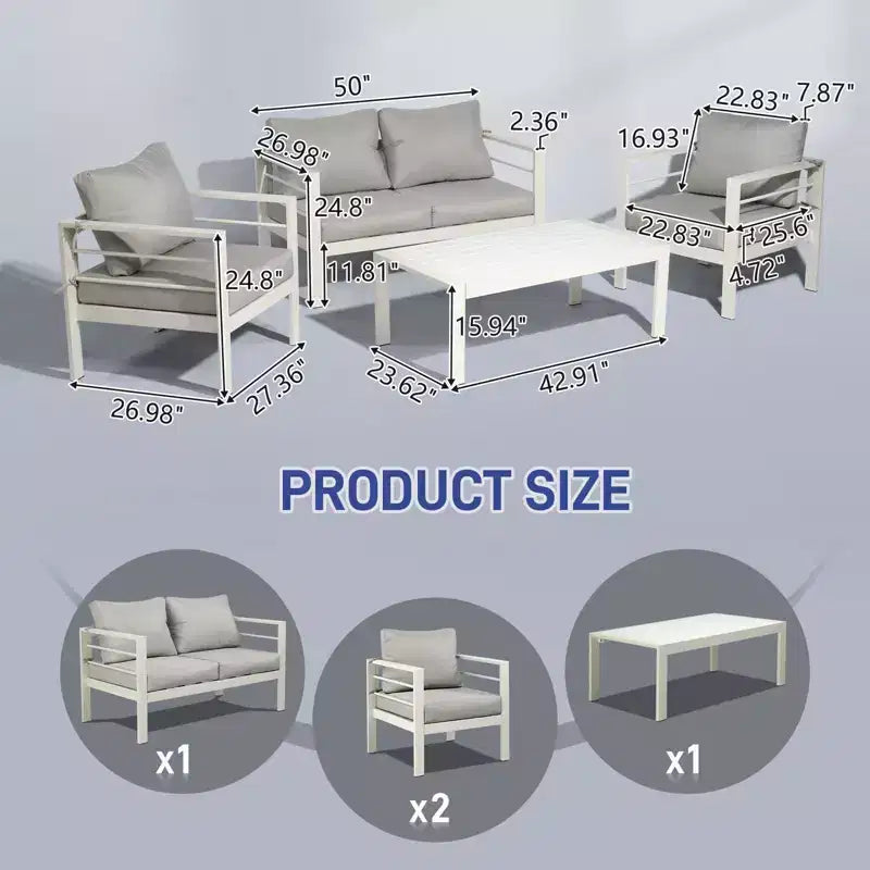 Ensemble de conversation pour patio Karl Home blanc 4 pièces en aluminium avec coussins gris clair