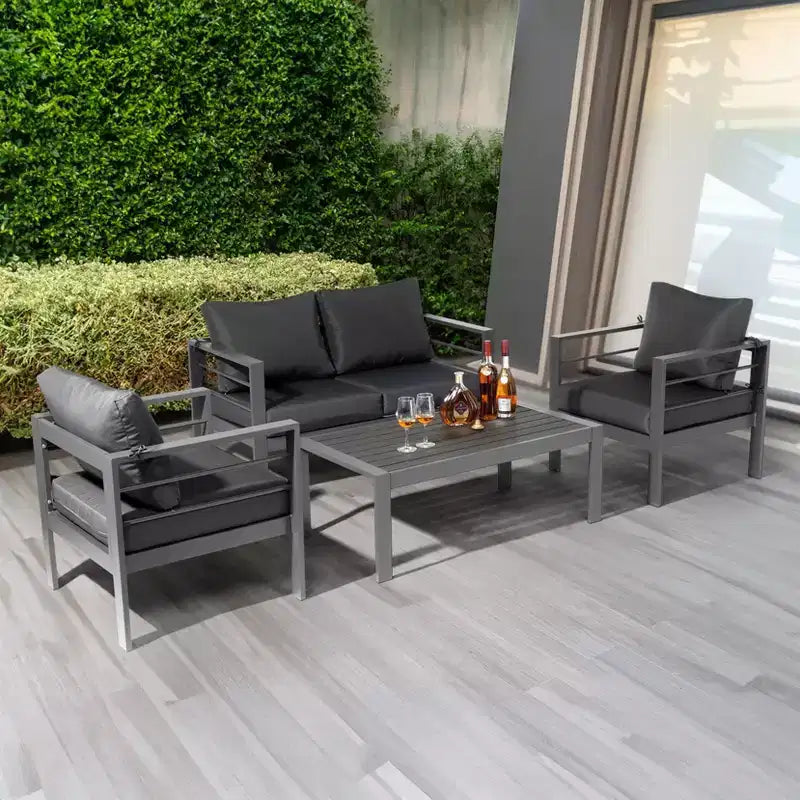 Conjunto de conversación para patio Karl Home de 4 piezas, de aluminio gris oscuro, con cojines gris oscuro