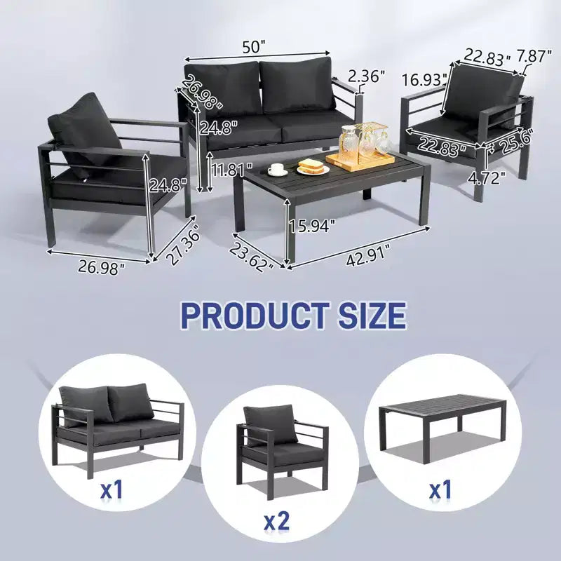 Conjunto de conversación para patio Karl Home de 4 piezas, de aluminio gris oscuro, con cojines gris oscuro