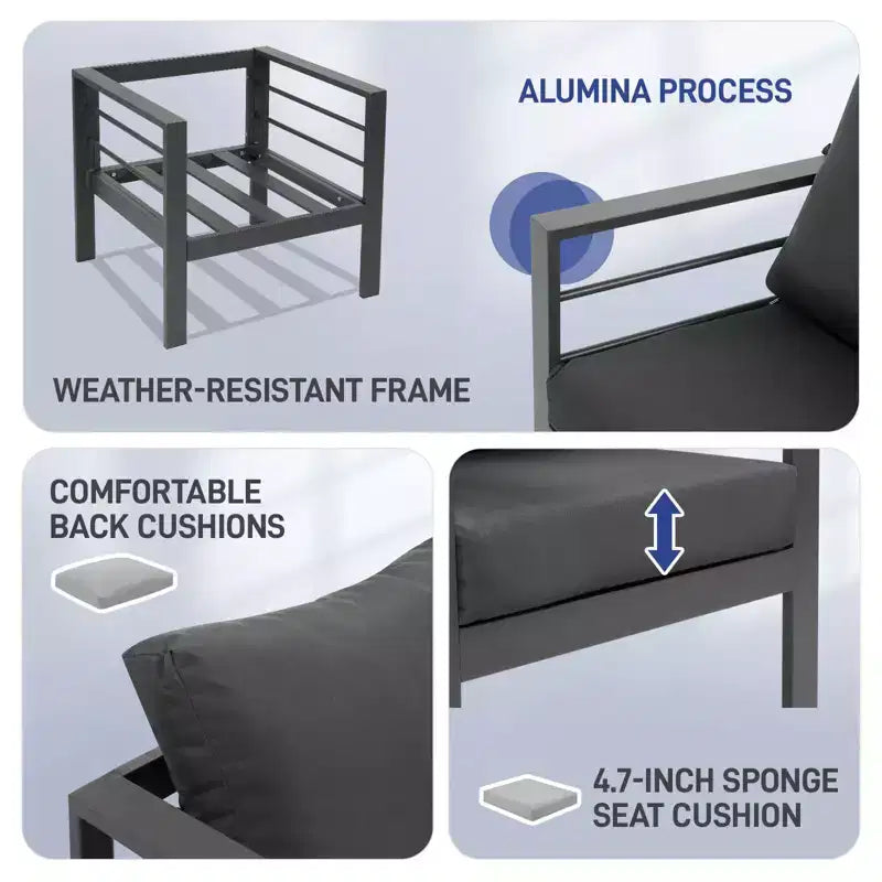 Conjunto de conversación para patio Karl Home de 4 piezas, de aluminio gris oscuro, con cojines gris oscuro