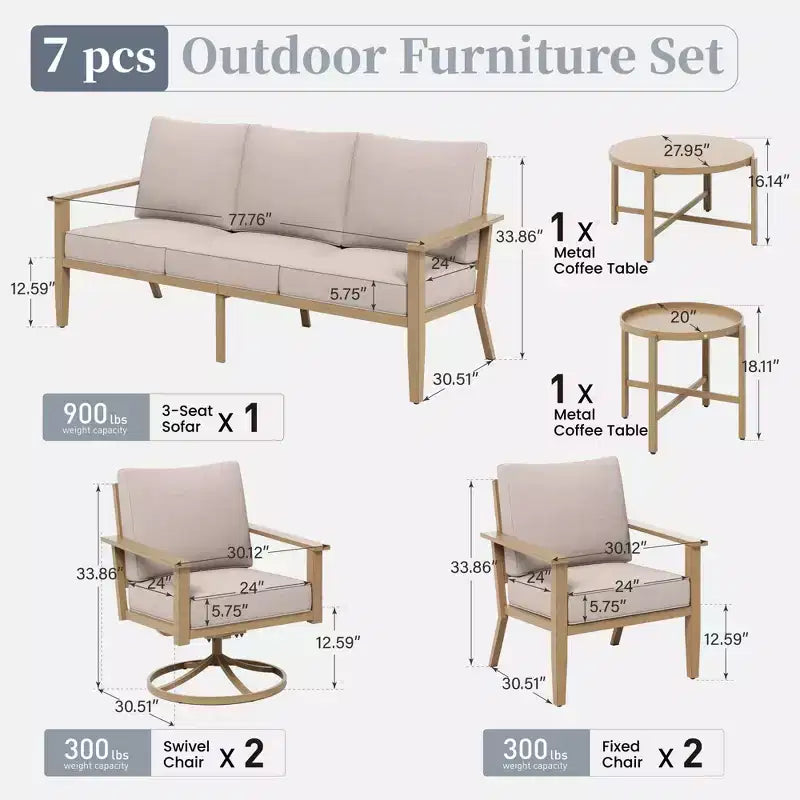 Ensemble de conversation Captiva Designs pour patio extérieur, 7 pièces, avec dossier à bandes croisées et coussins épais, pour terrasse, jardin ou bord de piscine