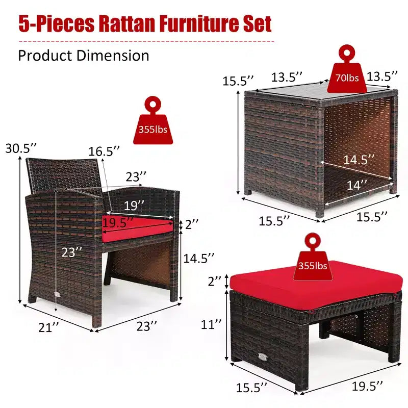 Costway conjunto de muebles de mimbre de ratán para patio de 5 piezas, sofá y otomana con cojines