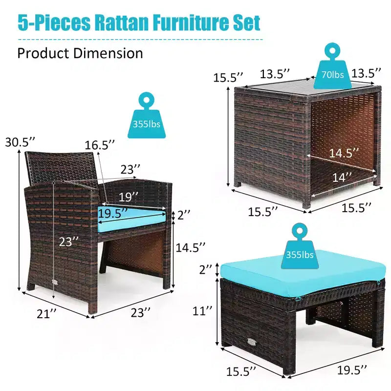 Costway conjunto de muebles de mimbre de ratán para patio de 5 piezas, sofá y otomana con cojines