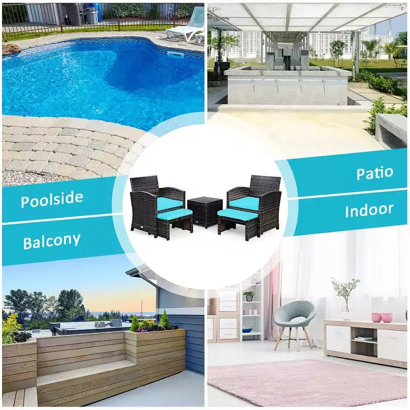 Costway conjunto de muebles de mimbre de ratán para patio de 5 piezas, sofá y otomana con cojines