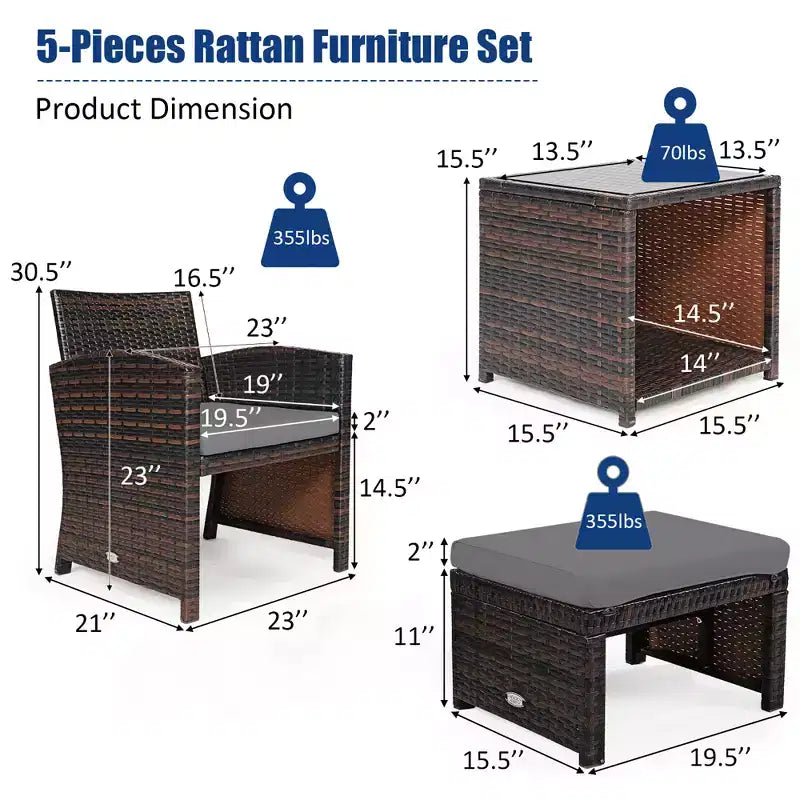 Costway conjunto de muebles de mimbre de ratán para patio de 5 piezas, sofá y otomana con cojines