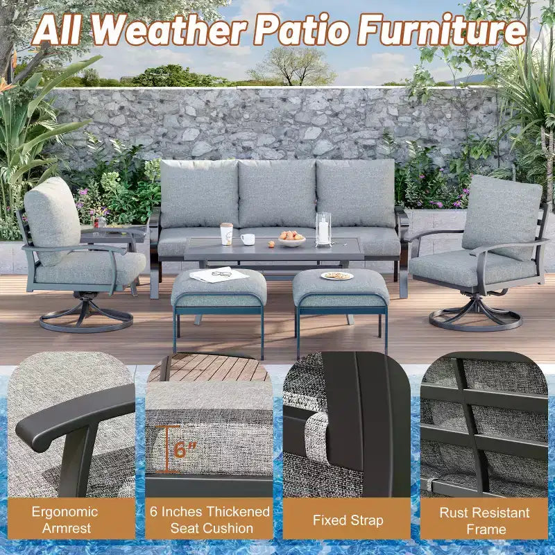 EROMMY conjunto de conversación para exteriores de 7 piezas con sillas mecedoras giratorias 360, sofá, mesa de centro y otomana para patio, jardín, terraza o junto a la piscina