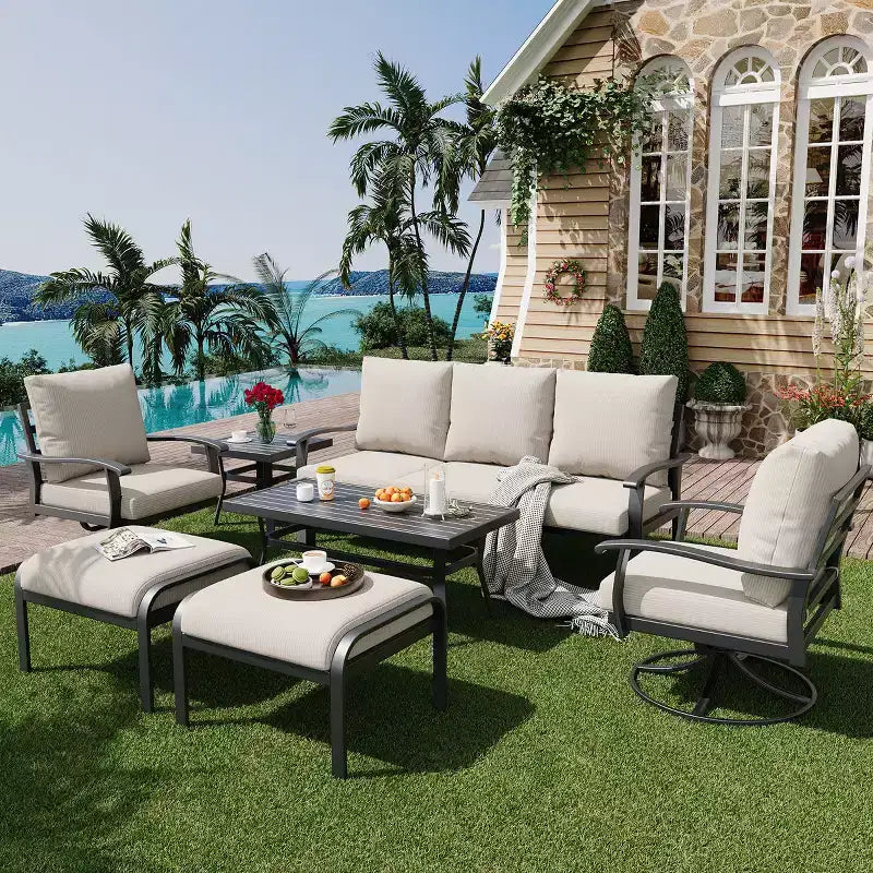 EROMMY conjunto de conversación para exteriores de 7 piezas con sillas mecedoras giratorias 360, sofá, mesa de centro y otomana para patio, jardín, terraza o junto a la piscina