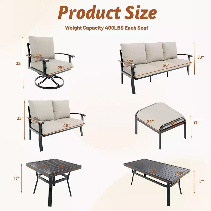 EROMMY conjunto de conversación para exteriores de 7 piezas con sillas mecedoras giratorias 360, sofá, mesa de centro y otomana para patio, jardín, terraza o junto a la piscina