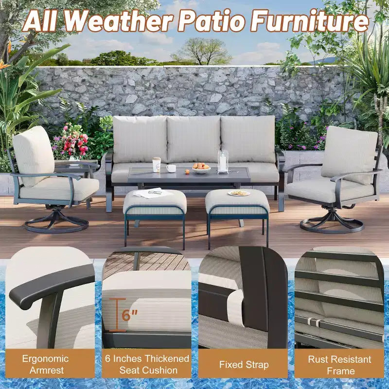 EROMMY conjunto de conversación para exteriores de 7 piezas con sillas mecedoras giratorias 360, sofá, mesa de centro y otomana para patio, jardín, terraza o junto a la piscina