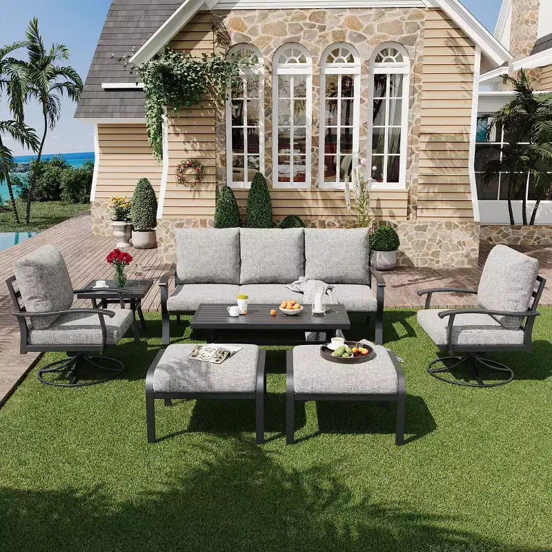 EROMMY conjunto de conversación para exteriores de 7 piezas con sillas mecedoras giratorias 360, sofá, mesa de centro y otomana para patio, jardín, terraza o junto a la piscina