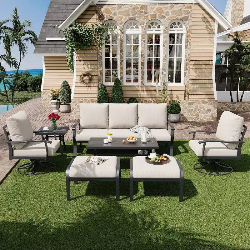 EROMMY 7 PCS Outdoor Metal Conversation Set With 360 Swivel Rocking Chairs, Sofa, Coffee Table&Ottoman For Patio, Garden, Deck Or Poolside