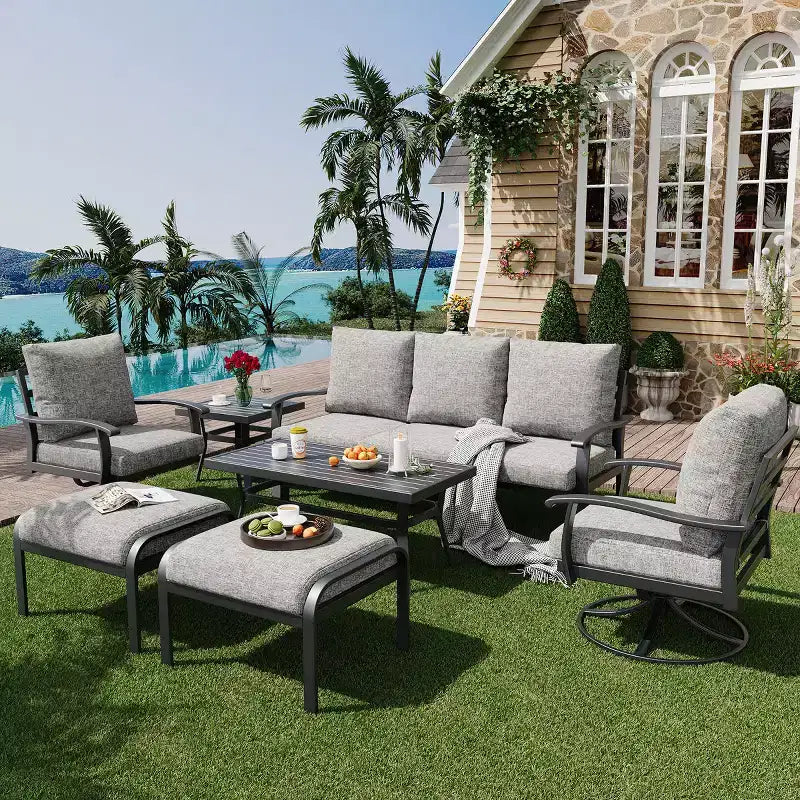 EROMMY conjunto de conversación para exteriores de 7 piezas con sillas mecedoras giratorias 360, sofá, mesa de centro y otomana para patio, jardín, terraza o junto a la piscina