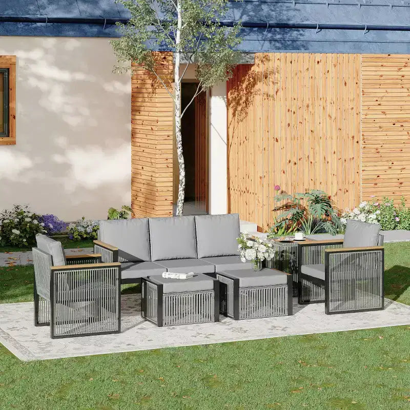 Conjunto de conversación moderno para exteriores EROMMY de 6 piezas, con sofá modular, otomanas y mesa de centro