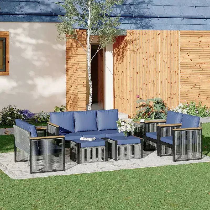 Ensemble de conversation d’extérieur moderne EROMMY 7 pièces, canapé d’angle avec poufs et table basse