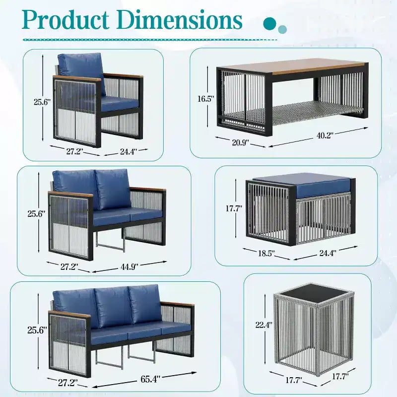 Ensemble de conversation d’extérieur moderne EROMMY 7 pièces, canapé d’angle avec poufs et table basse