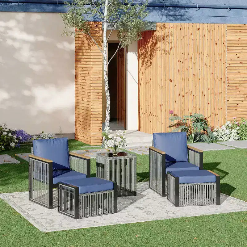 Ensemble de conversation d’extérieur moderne EROMMY 7 pièces, canapé d’angle avec poufs et table basse
