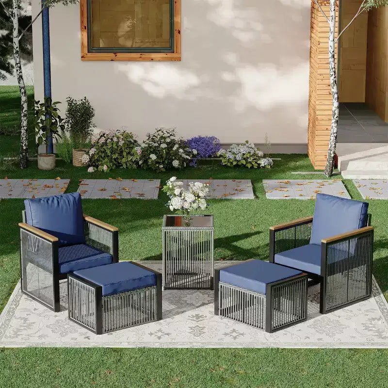 Ensemble de conversation d’extérieur moderne EROMMY 7 pièces, canapé d’angle avec poufs et table basse