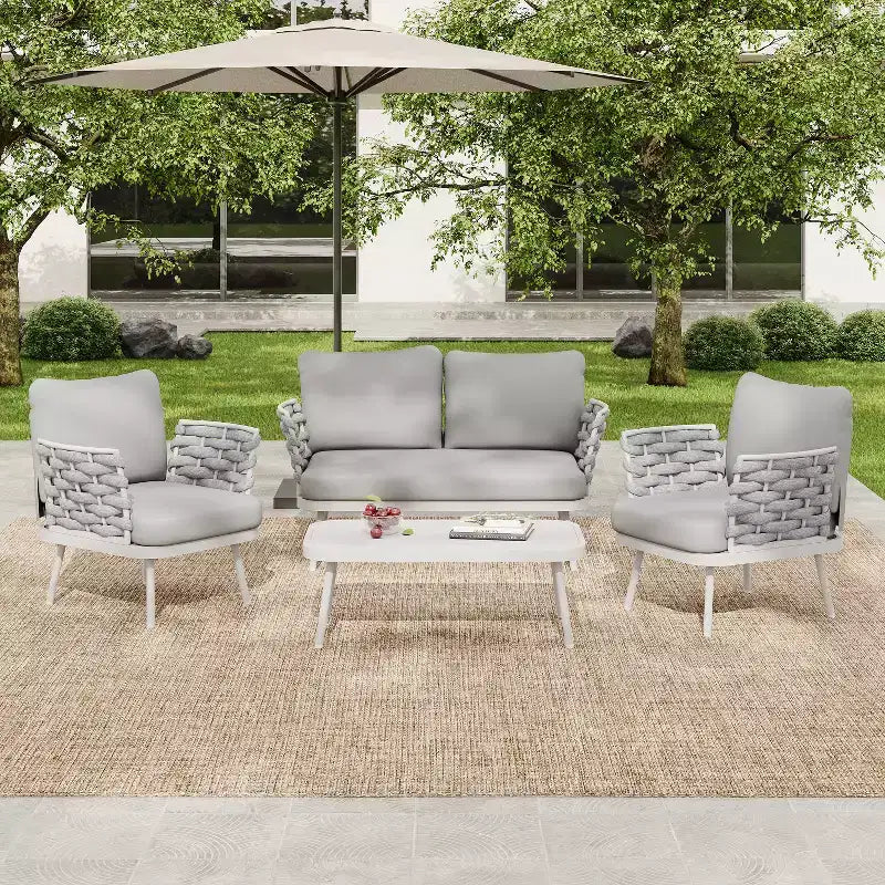 Christopher Knight Home Belle modernes 4-teiliges Terrassen-Sitzmöbelset aus Metall und Seil mit Polsterung und Couchtisch