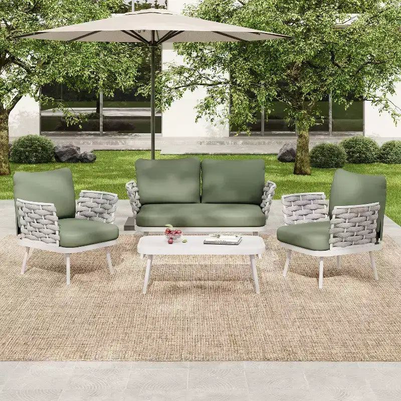 Christopher Knight Home Belle modernes 4-teiliges Terrassen-Sitzmöbelset aus Metall und Seil mit Polsterung und Couchtisch